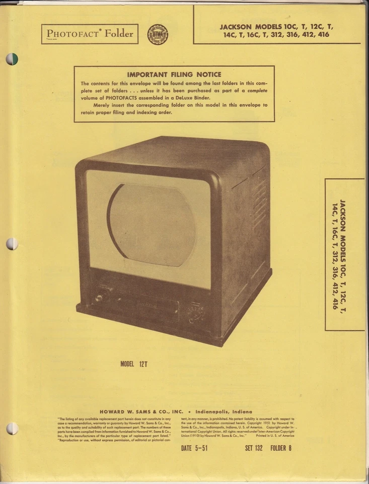 Carpeta Photofact Jackson Modelos 10C, T, 12C, T, 14C, T, 16C, T, 312, 316, 412... Foto 1 de 1