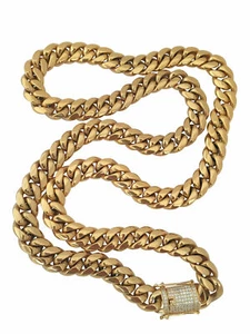 14K Gold GP Stainless Steel Cuban Link Chain CZ Iced Clasp Lock 12mm 22" 24" 26" - Picture 1 of 6