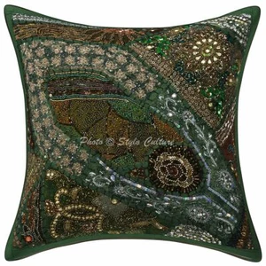 Decorative Cotton Embroidered 40x40 Beaded Sequins Patchwork Throw Pillow Cover - Picture 1 of 3