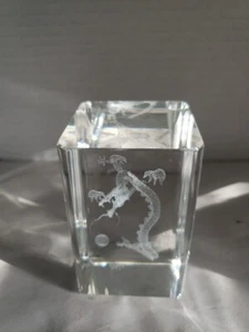 Crystal Glass 3D Laser Etched Cube Tower Paperweight Dragon - Picture 1 of 7
