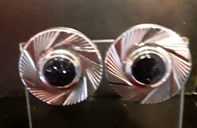 Shields Cufflinks Black Onyx Sparkle Stone Spiral Silvertone Stunning - Image 1 of 4