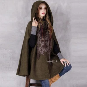 Women Hooded Embroidered Loose Wool Cape Jacket Vintage Sleeveless Cloak Winter - Picture 1 of 11