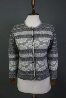 Cárdigan Suéter OLEANA Gris Floral Seda Lana Merino Tejido Botón Talla XL Foto 1 de 4
