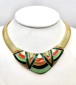 Vintage firmado SF? Collar Omega Cadena Multicolor Esmalte Tono Dorado - Imagen 1 de 6