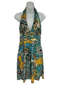 India Boutique blau und gold Neckholder rückenfreies Sommerkleid in Größe Large - Bild 1 von 9