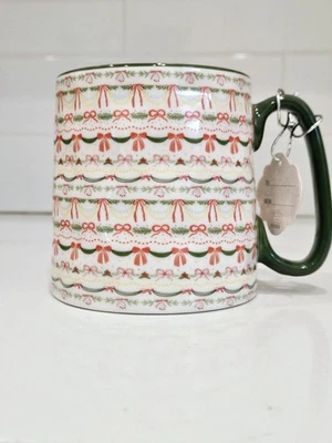 10 Strawberry Street Bella Ceramic Mug Christmas Bows Green Handle Holiday Cup - Image 1 of 4