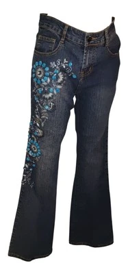 Vtg Cache Sz 4 Womens Blue Beaded Embroidered Y2K Wide Flare Leg Denim Jeans - Image 1 of 4