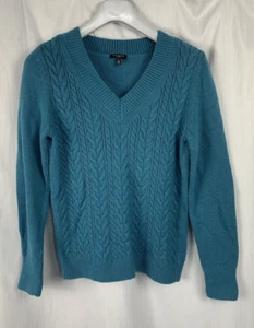 Talbots V Neck Size MP Cable Knit Sweater Turquoise Lambs wool &Nylon Blend - Picture 1 of 8