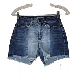 Pantalones cortos de mezclilla So para mujer midi con curvas talla 0 lavado medio azul dobladillo crudo 5 bolsillos - Imagen 1 de 8