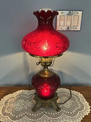 Vintage Etched Ruby Red Glass & Brass Electric Style Oil Table Parlor Lamp - Image 1 of 4