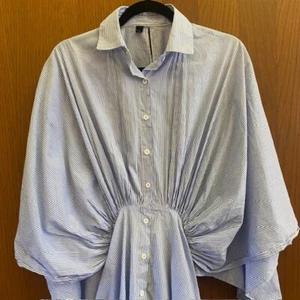 Beulah Style Blue Striped Button-Down Midi Shirt Dress One Size Preppy Nautical - Picture 1 of 10