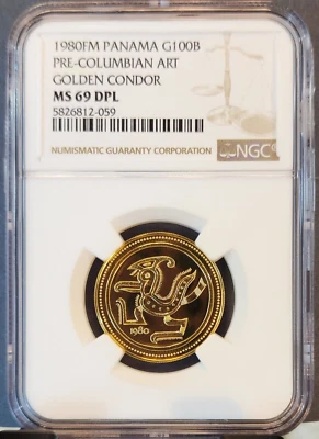 1980 ПАНАМА ЗОЛОТО 100 БАЛЬБОА ЗОЛОТОЙ CONDOR NGC MS 69 DPL ТОЛЬКО 209 ОТЧЕКАНЕНО - Изображение 1 из 3