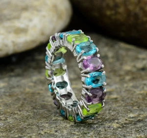 Amethyst Blue Topaz & Peridot Eternity Band 925 Sterling Silver Band Women Band - Picture 1 of 4