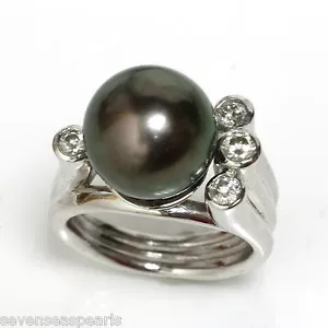 Anello con perle di Tahiti e diamanti 12 mm AAA impeccabile 14 kt - Foto 1 di 4