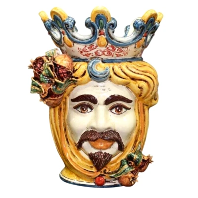 Vasen Keramik Zeuge Von Dunkelblau Caltagirone Kopf Men Übertopf Mit Granatäpfel - Bild 1 von 2