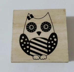 Owl Rubber Stamp Wood Mounted Stripes Dots With Bow 2" x 2" - Picture 1 of 8