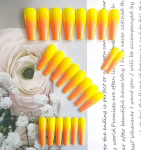 Queen Be Orange Yellow Gradients Ombre Extra Long Press On Nails Coffin 24Nails - Picture 1 of 4