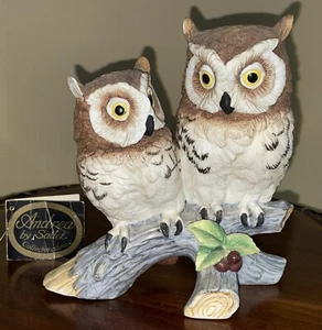 OWL BY ANDREA 2 BÚHOS MARRONES EN RAMA PORCELANA BISQUE #6307 SADEK ¡¡¡EXCELENTE!!!! - Imagen 1 de 10