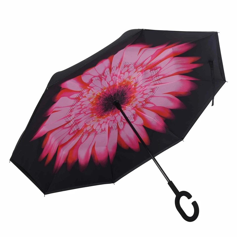 Regenschirm umgedreht Pink Rote Blume Stockschirm doppellagig Sturmfest - Bild 1 von 4