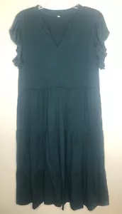Vestido verde oscuro con capas XL mangas cortas con volantes suave elástico pulóver cuello en V - Imagen 1 de 7