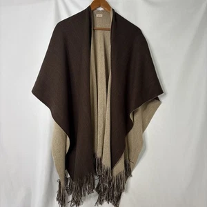 Echo Poncho Wrap Shawl Cape Dark Brown/Beige with Fringe One Size Dressy - Picture 1 of 8