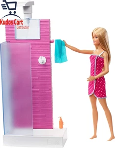 Barbie Doll and Furniture Set Bathroom with Working Shower Kids Girl Toy Playset - Picture 1 of 8