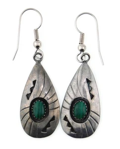 Pendientes colgantes nativos americanos de plata de ley 925 con lágrima de malaquita y caja de sombra - Imagen 1 de 5