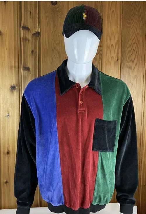 Винтажная бархатная велюровая вертикальная полосатая рубашка-поло с длинным рукавом 80-х John Blair средний размер - Изображение 1 из 4