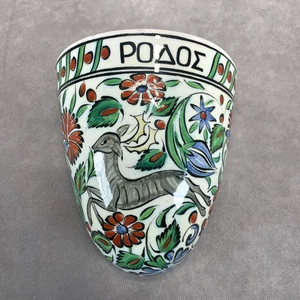 Maceta colgante de pared de cerámica griega pintada a mano MCM Ikaros 5,5" ciervo/ciervo floral - Imagen 1 de 6