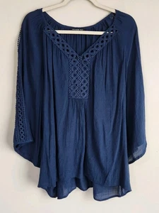 Top donna Zac e Rachel 2x blu uncinetto scollo a V maniche a campana 3/4 taglie forti - Foto 1 di 5
