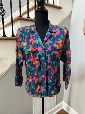Vintage 80s Liz Claiborne Petites Floral Cotton Semi-Sheer Button-Up Blouse Top - Image 1 of 4