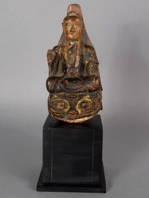 Ancien Bouddha bois sculpté polychrome Chine C507 - Photo 1/4