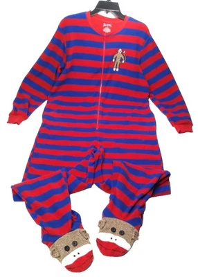 Nick & Nora One Piece Footed Pajamas Sock Monkey Adult M Striped Fleece Zipper - Image 1 of 4