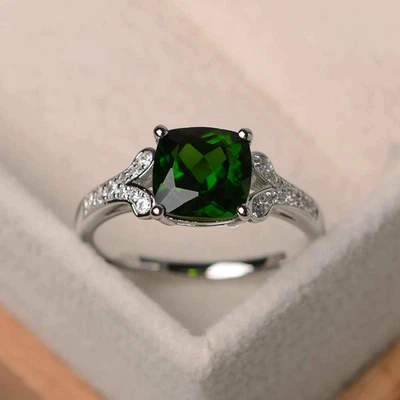 3Ct Lab Created Cushion Green Emerald Engagement Ring 14K White Gold Finish - Image 1 of 3