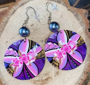 NEW Tropical Pink & Purple Flower Acrylic Vacation / Beach Earrings - Picture 1 of 3