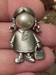 JJ Jonette Signed Girl With Pearl Face Hand Set Faceted Crystal Blue And Ruby - Picture 1 of 2