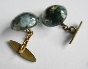 Antique Scottish Moss Agate Cabochon Cufflinks Chain Link gilt metal Deco Retro - Picture 1 of 14