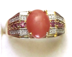Anello pietra di luna pesca e granato / misura oro 14 / 14 carati su argento sterling 925 - Foto 1 di 5