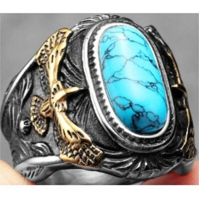 Vintage Indian Blue Oval Turquoise Eagle Ring Titanium Men Women Biker Punk Ring - Image 1 of 3