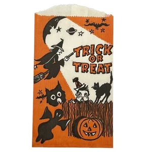 Vintage Halloween Trick or Treat Paper Candy Bag Witch Cat Bat Owl Moon Ephemera - Picture 1 of 6