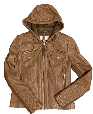 Chaqueta de Cuero Michael Kors Mujer Pequeña Con Capucha Acolchada Motociclista Suave Cremallera Completa Foto 1 de 4