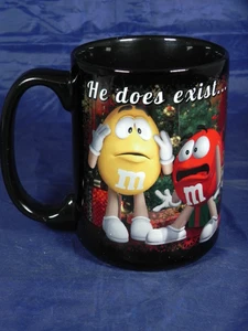 HTF M&M Coffee Mug Christmas Red, Yellow & Santa "They Do Exist/"He Does Exist" - Picture 1 of 9