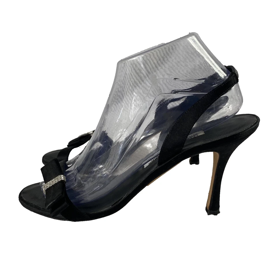 Sapato Manolo Blahnik Feminino Tamanho 9 Preto Slingback Sandália Salto Strass - Imagem 1 de 4
