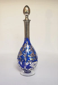 Vintage Bohemian Cobalt Blue Glass Decanter With Silver Overlay - Picture 1 of 4