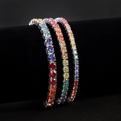 3/4/5mm Round Moissanite Rainbow Tennis Chain Bracelet S925 Sterling Silver GRA - Image 1 of 4