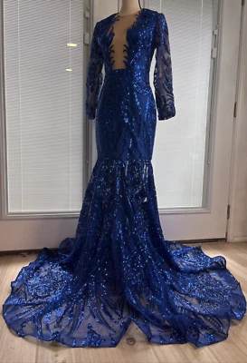 Alglist Gown Dress Blue Sequin Long Sleeve Zip Back - Image 1 of 4