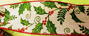 Christmas Holly Red Berries 2.5" x 2 yds Canvas Wired Ribbon Gold Glitter Winter - Picture 1 of 5