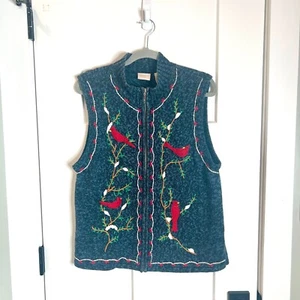 Vintage Erika Cardinal Red Bird Novelty Grandma Sweater Vest Full Zip Size Large - Picture 1 of 4