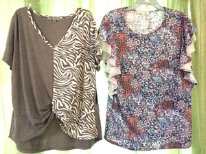 Womens Sz XL tops blouses zebra sage and ruffle sleeves floral ABOVE & BEYOND 2P - Picture 1 of 10