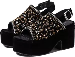 Free People Nicola Keilabsatz Sandalen Samt Perlen Chunky Schwarz 38 US 7,5 - Bild 1 von 15